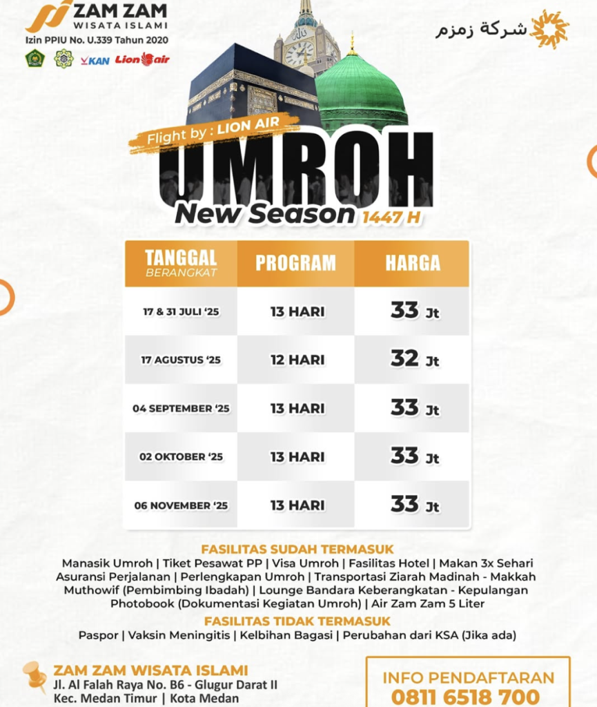 zamzam wisata paket umroh medan tuwaga