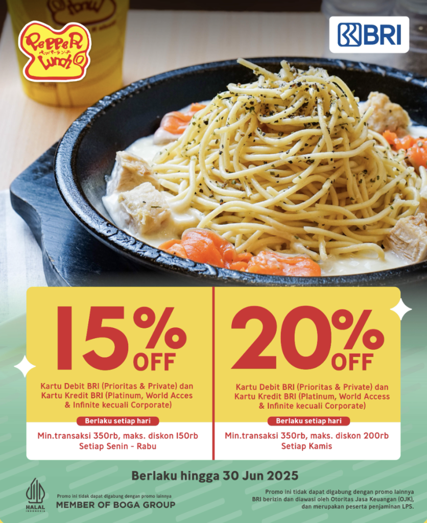 Pepper Lunch Discount hingga 20% untuk setiap transaksi menggunakan Kartu Kredit BRI - Tuwaga