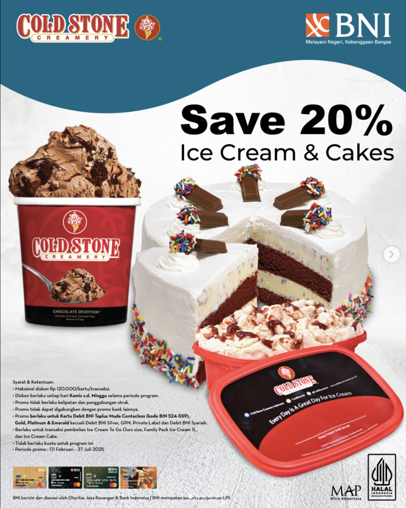 Cold Stone Save 20% Ice Cream & Cakes dengan Kartu Kredit dan Debit BNI - Tuwaga
