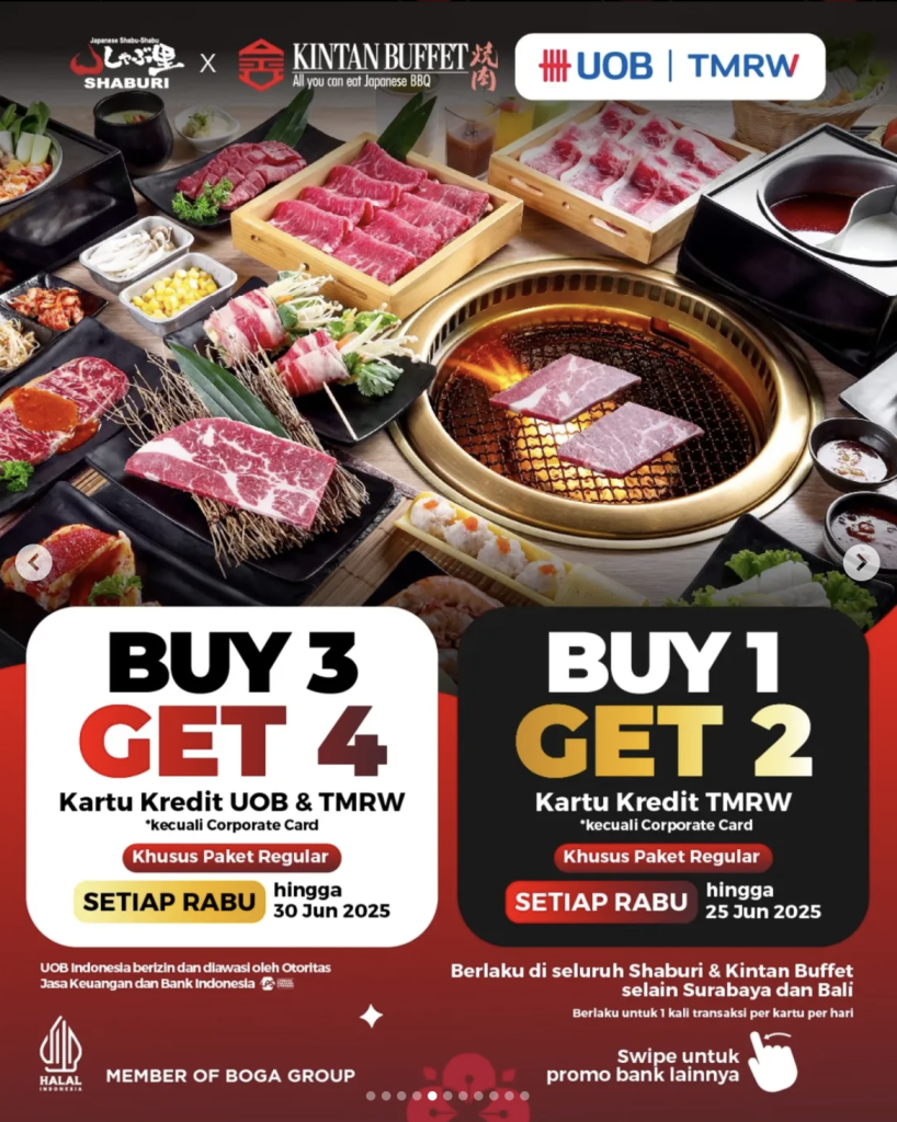 Shaburi & Kintan Buffet Buy 1 Get 2, Buy 3 Get 4 dengan Kartu Kredit UOB & TMRW - Tuwaga