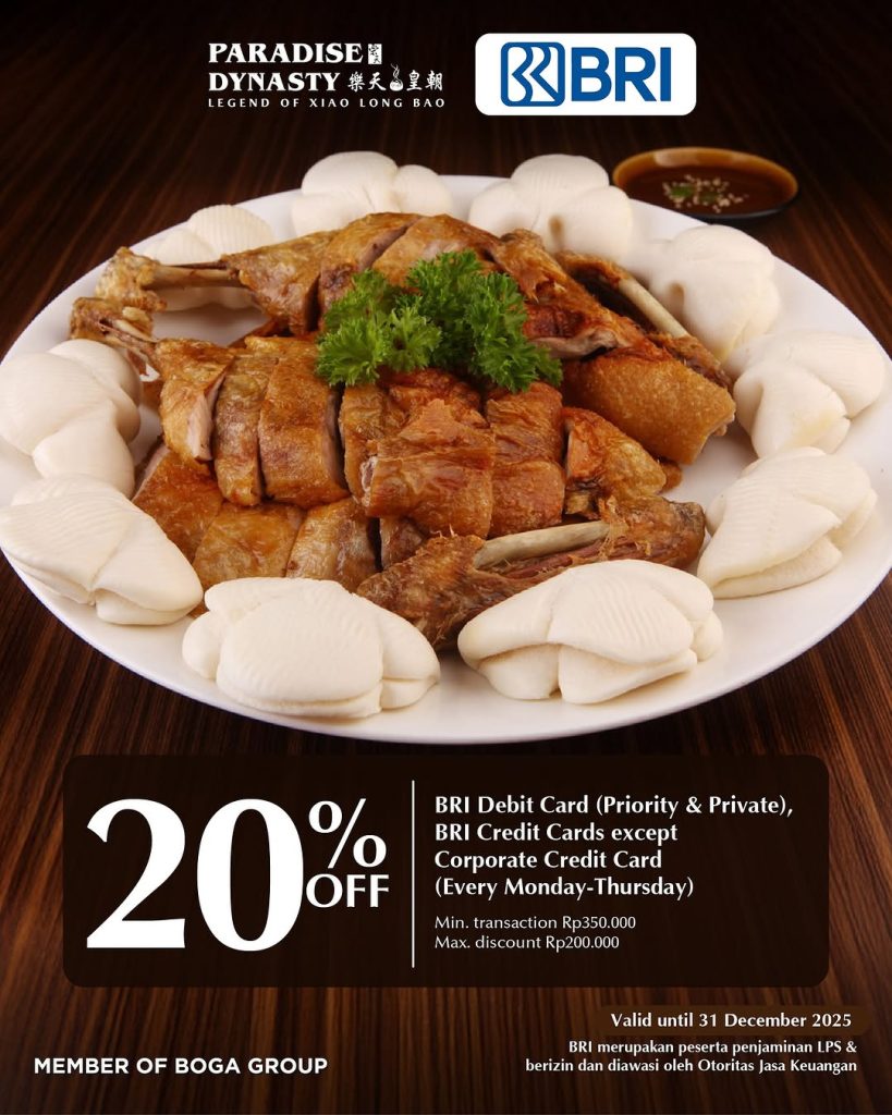 Diskon hingga 20% di Paradise Dynasty dengan Kartu Kredit atau Debit BRI - Tuwaga