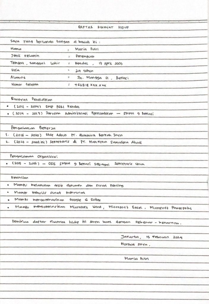 contoh cv tulis tangan lulusan smk bahasa indonesia