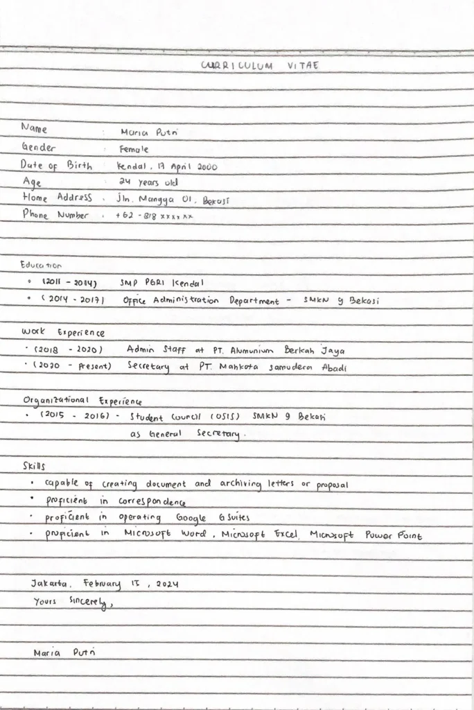 contoh cv tulis tangan lulusan smk bahasa inggris