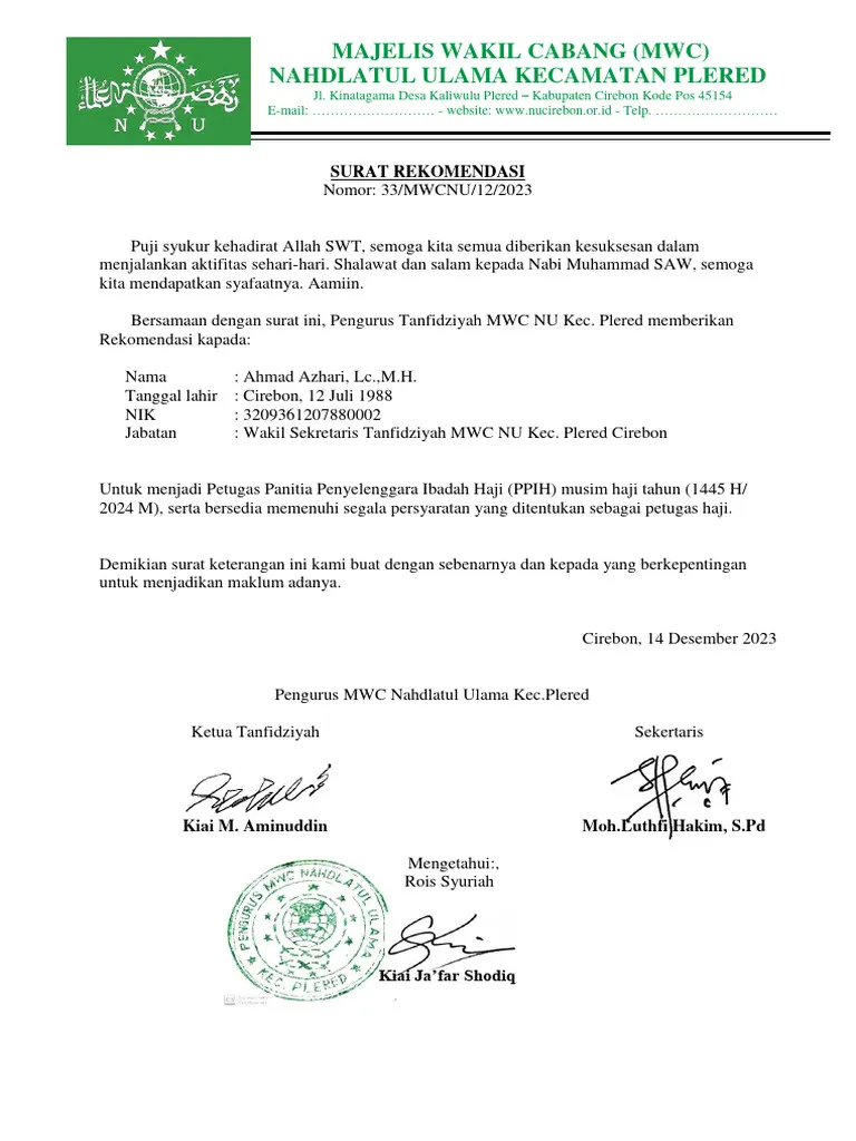 contoh surat rekomendasi untuk petugas haji 2026