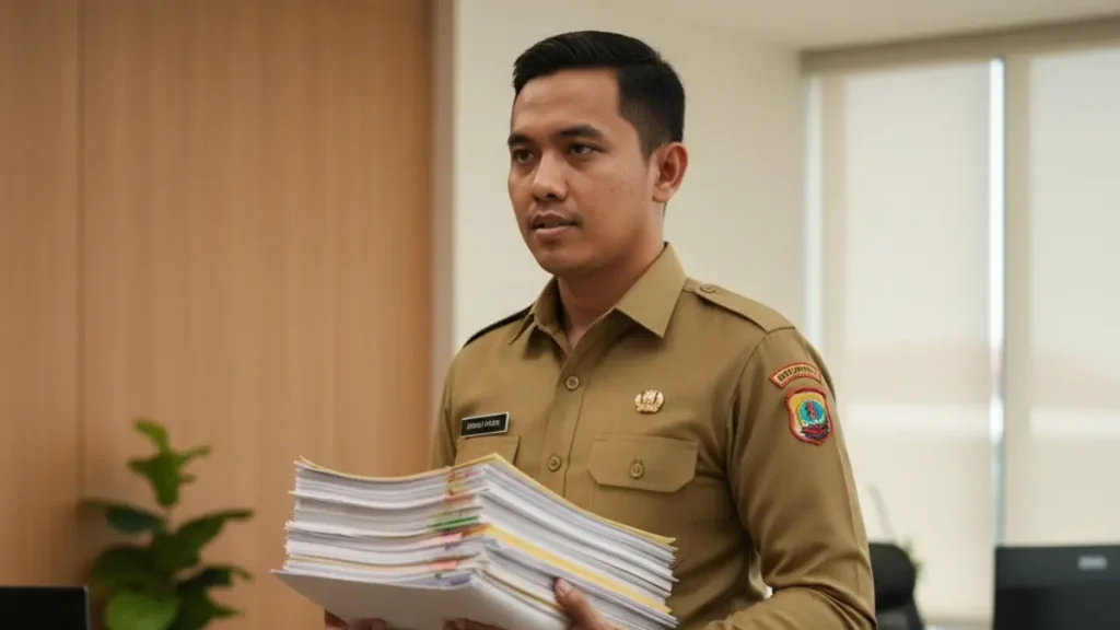 seorang pegawai pns membawa tumpukan dokumen di tangganya