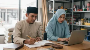 dua orang sedang mengecek keuangan di buku dan laptop yang berada di sebuah toko