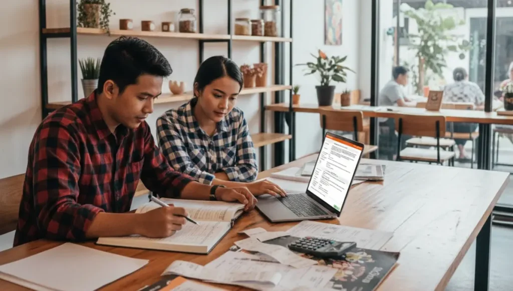 dua orang pemilik usaha makanan sedang berdiskusi di depan laptop