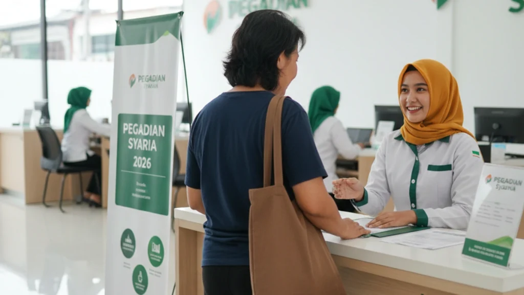 dua orang wanita di kantor cabang pegadaian syariah sedang berbicara.