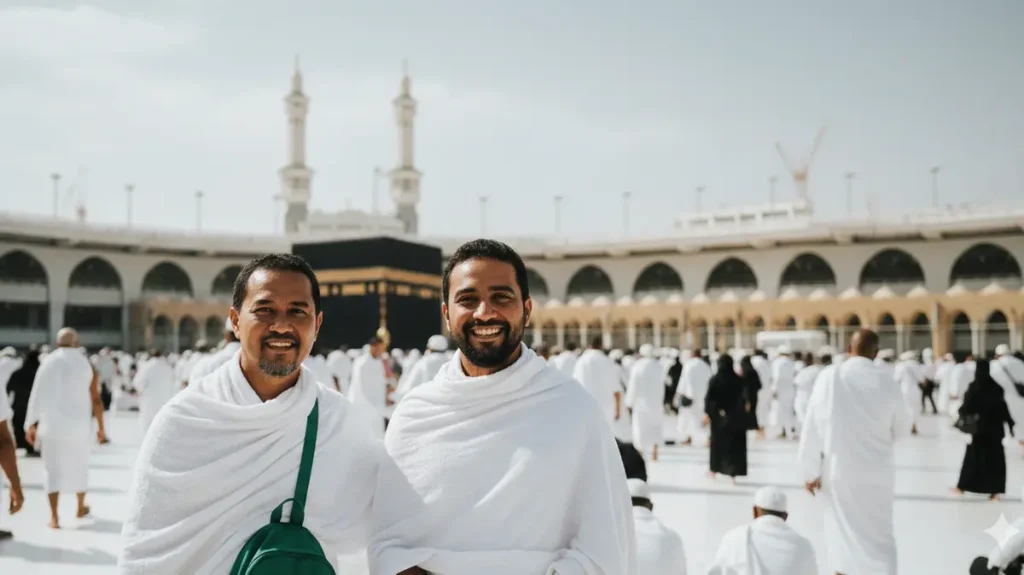 dua pria sedang berpose di depan ka’bah