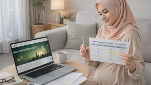 seorang wanita hamil sedang melihat layar laptop dengan tulisan bulan ramadhan 2026