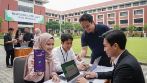 mahasiswa-mahasiswi sedang duduk bersama petugas lpdp di halaman sekolah