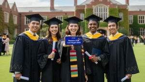 empat orang wisudawan sedang berfoto bersama di halaman kampus