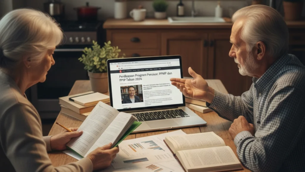 pasangan lansia sedang berdiskusi di depan laptop dan berada di ruangan meja makan.