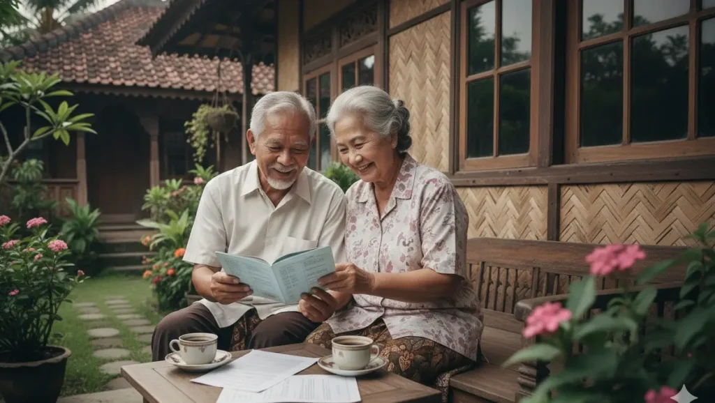 dua pasangan lansia sedang melihat buku tabungan di halaman rumah