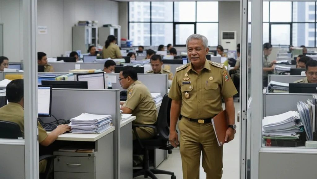 seorang pria paruh baya memakai seragam pns sambil memegang map cokelat ditangannya