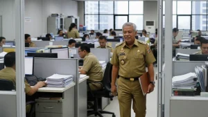 seorang pria paruh baya memakai seragam pns sambil memegang map cokelat ditangannya