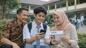 seorang siswa sedang mengecek saldo bantuan dari tabungan simpel dari hp