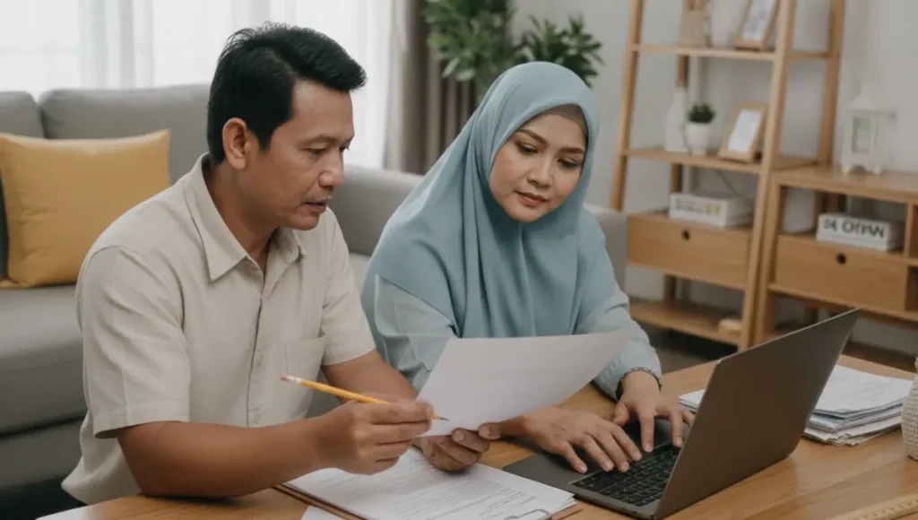 sepasang suami istri paruh baya sedang menghitung dana di depan laptop