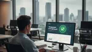 seorang pria sedang menatap laptop di dalam ruang kerja