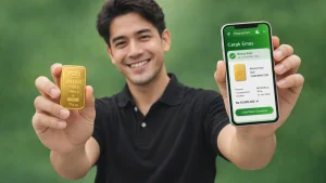 seorang pria senang berhasil mencetak emas ditangan kirinya, melalui aplikasi Tring!