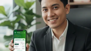 seorang pria tersenyum sambil memegang ponsel dengan menampilkan layar aplikasi Tring! dari pegadaian