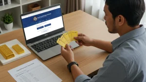 seorang pria sedang memegang kartu emas di depan laptop