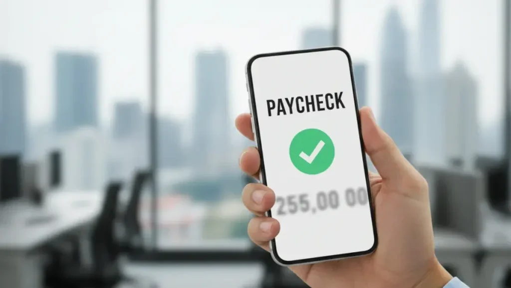 Ponsel yang dipegang menunjukkan tulisan ‘Paycheck’