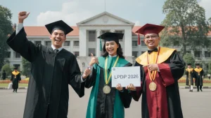 tiga orang mahasiswa dengan beasiswa lpdp dengan jenjang s1, s2 dan s3 melakukan pose untuk foto di halaman kampus.