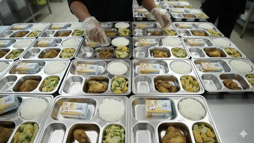 wadah stainless yang berisi berbagai makanan.