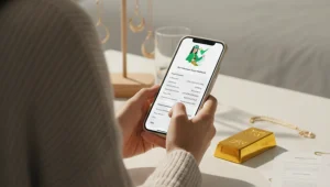 seorang wanita yang sedang memegang ponsel di kamar