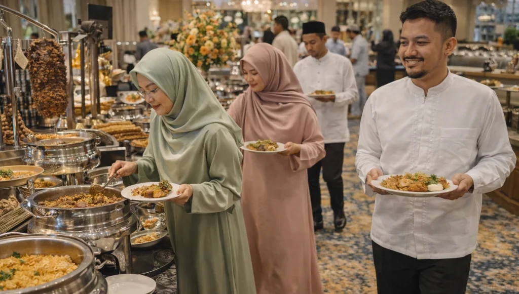 banyak orang sedang mengambil makanan di sebuah prasmanan pada bulan Ramadan 2026