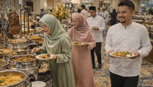 banyak orang sedang mengambil makanan di sebuah prasmanan pada bulan Ramadan 2026