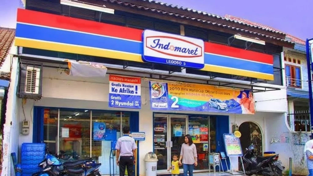Bagian depan gerai indomaret terdapat pegawai indomaret dan pembeli dengan anak kecil.