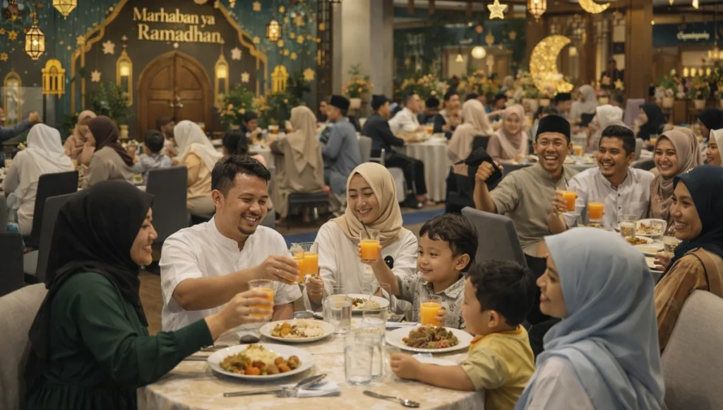 banyak orang sedang berbuka puasa di sebuah restoran di Yogyakarta tahun 2026