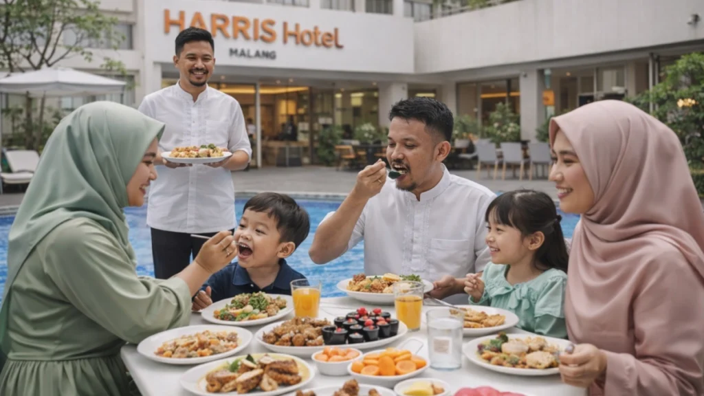 dua keluarga kecil dengan satu anak sedang berbuka puasa di hotel HARRIS Malang.