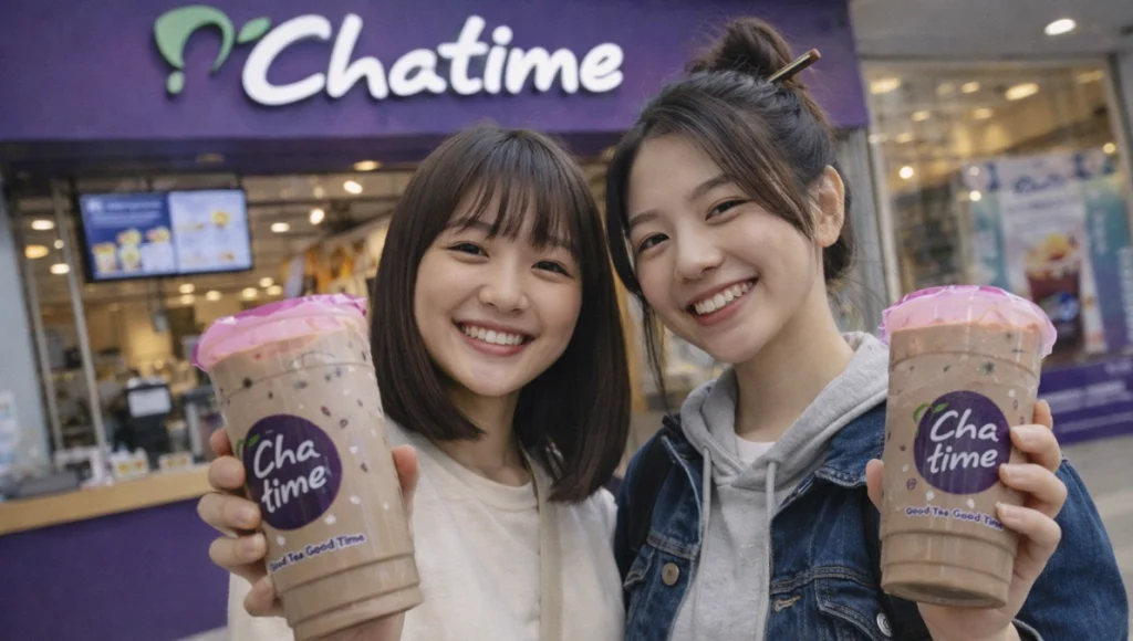dua orang sedang berpose dengan memegang minuman chatime