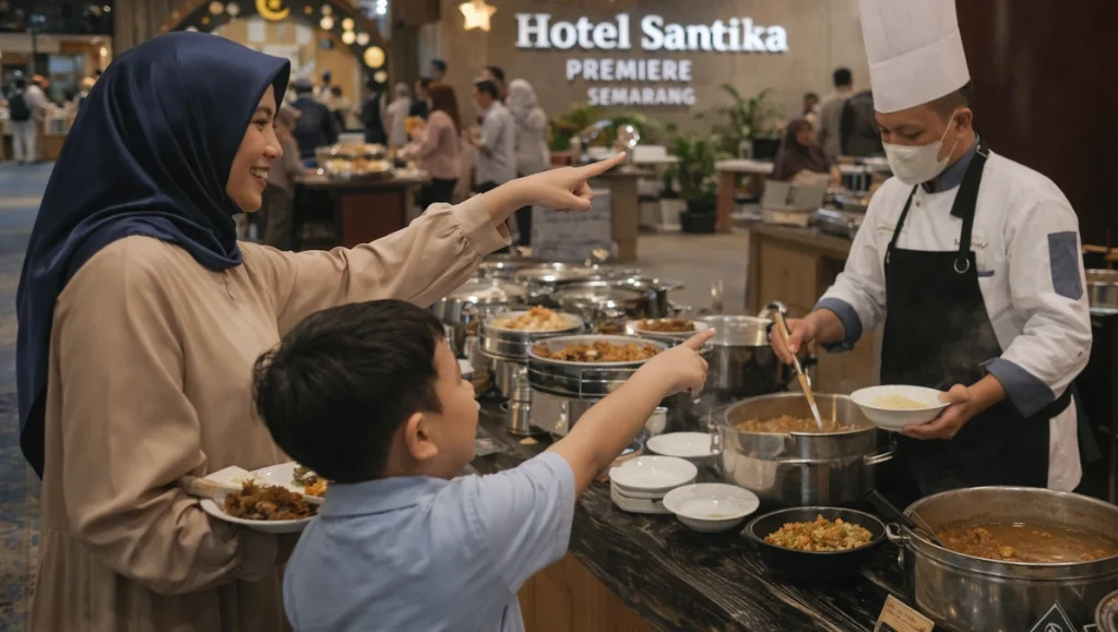 Seorang ibu dan anak laki-lakinya sedang menunjuk ke arah booth yang sedang disiapkan oleh koki di Hotel Santika Premiere Semarang