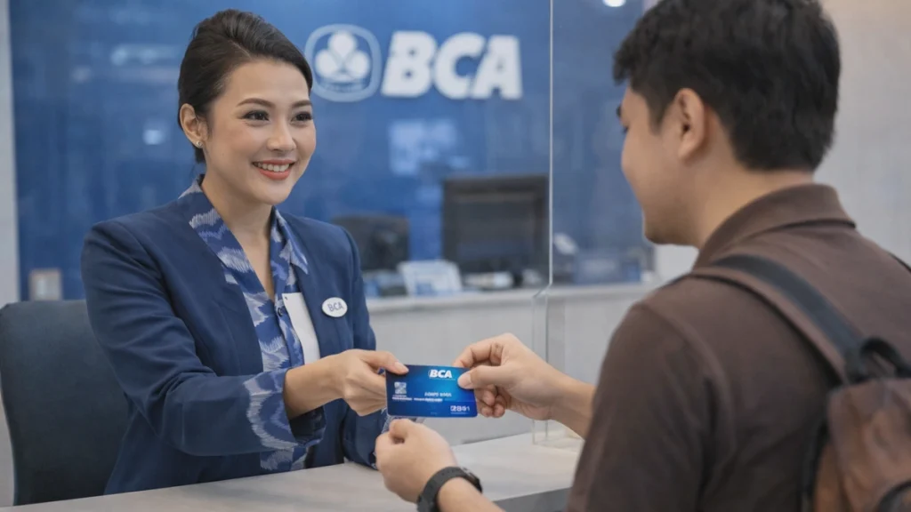 seorang pria sedang menerima kartu atm bca tahun 2026 dari teller di bank BCA