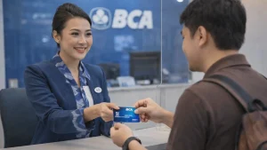 seorang pria sedang menerima kartu atm bca tahun 2026 dari teller di bank BCA