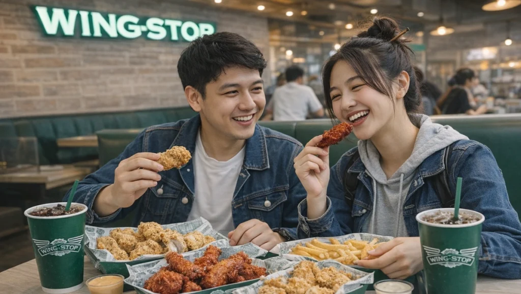 seorang pria dan wanita sedang makan di outlet wingstop