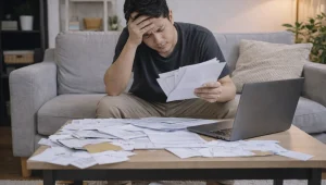 seorang pria sedang duduk di ruang tamu sedang memegang kepala dan lembaran kertas di ruang tamu yang berantakan