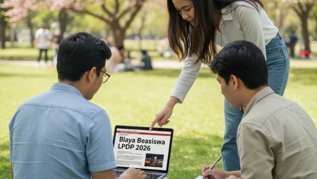 tiga mahasiswa sedang berdiskusi mengenai biaya beasiswa lpdp 2026 di sebuah taman
