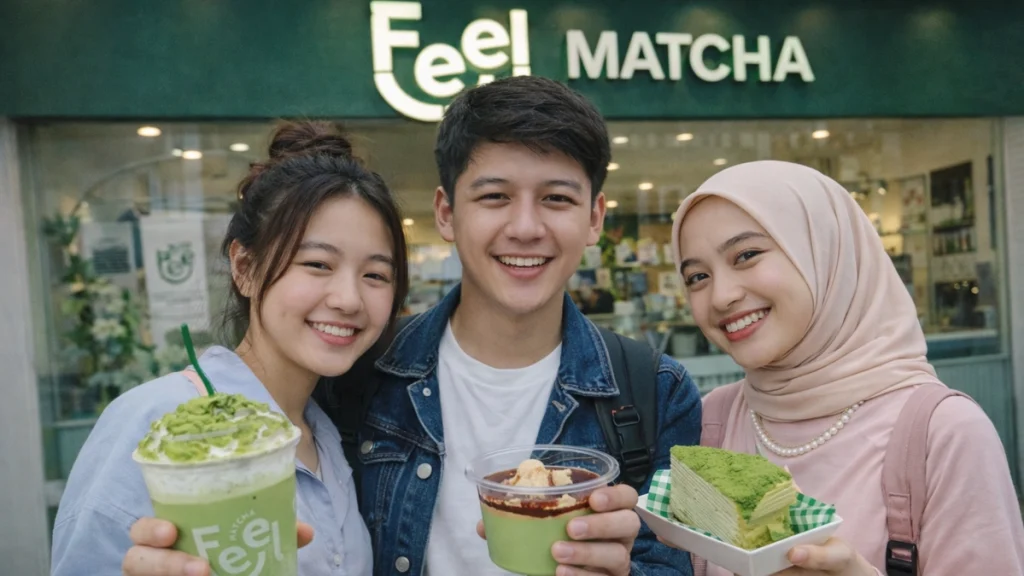 tiga orang sedang memegang makanan dan minuman dari Feel Matcha