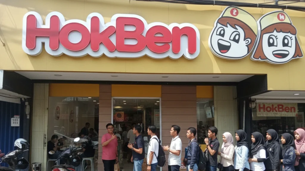 orang mengantri untuk membeli hokben sambil membawa paper bag